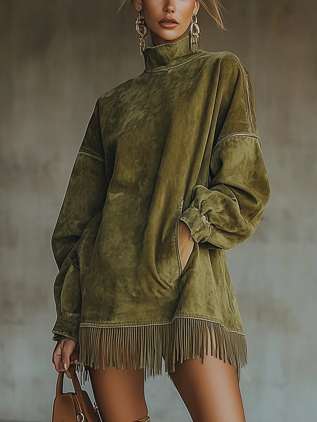 Gabriela | Vestido de ante con cuello alto y flecos